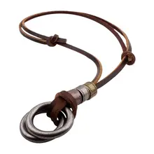 Fashion Men Retro Leather Cord Necklace Double Circle Pendant Jewelry Gift