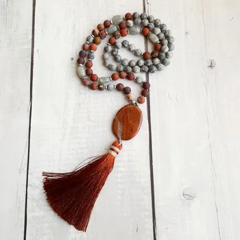 

Lii Ji Matte Grey Crazy Agate Red Jasper Pendant Tassel Bohemia Long Handmade Necklace Necklace Drop Shipping