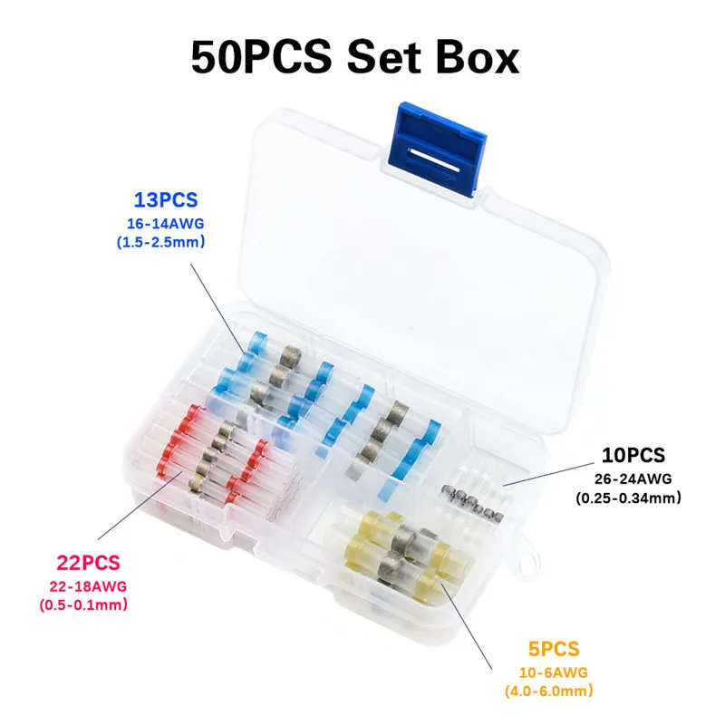 

50 Pcs Mixed Heat Shrink Sordering Terminals Waterproof Solder Sleeve Tube Electrical Wire Insulated Butt Connectors Kit