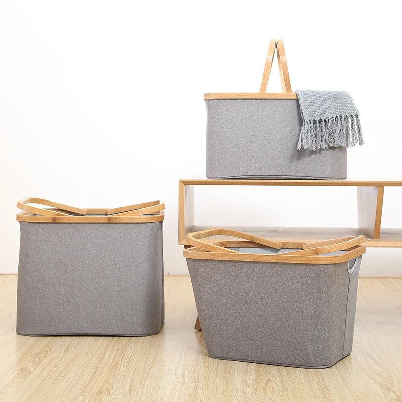 

Bamboo Large Fabric Storage Basket Organizer Collapsible Cube Basket Foldable Dirty Clothes Container Box For Closet Shelves