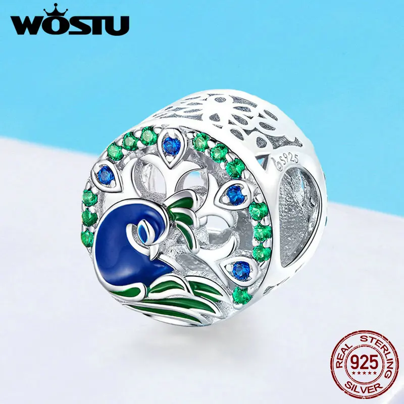 

WOSTU Luxury 925 Sterling Silver Peafowl Lucky Beads Charms Fit Bracelet Pendant Necklace For Women Party Wedding Jewelry FNC037