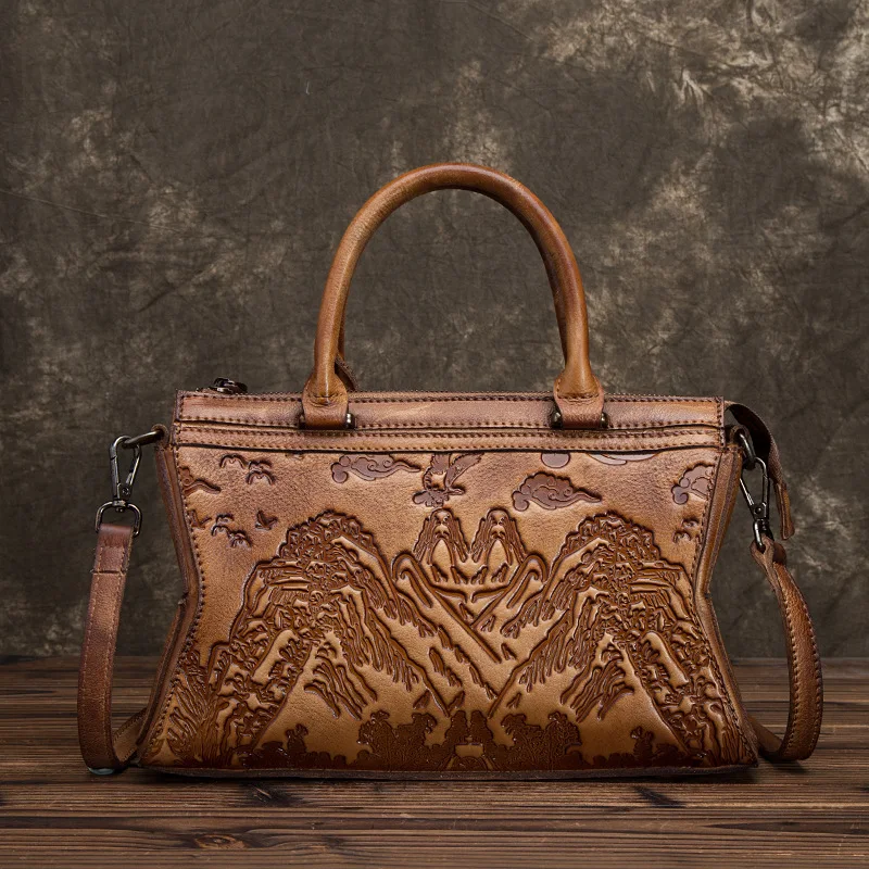 

Natural Skin Top Handle Cross Body Bags Tote Embossed Handbag Landscape Painting Genuine Leather Messenger Shoulder Women Bag