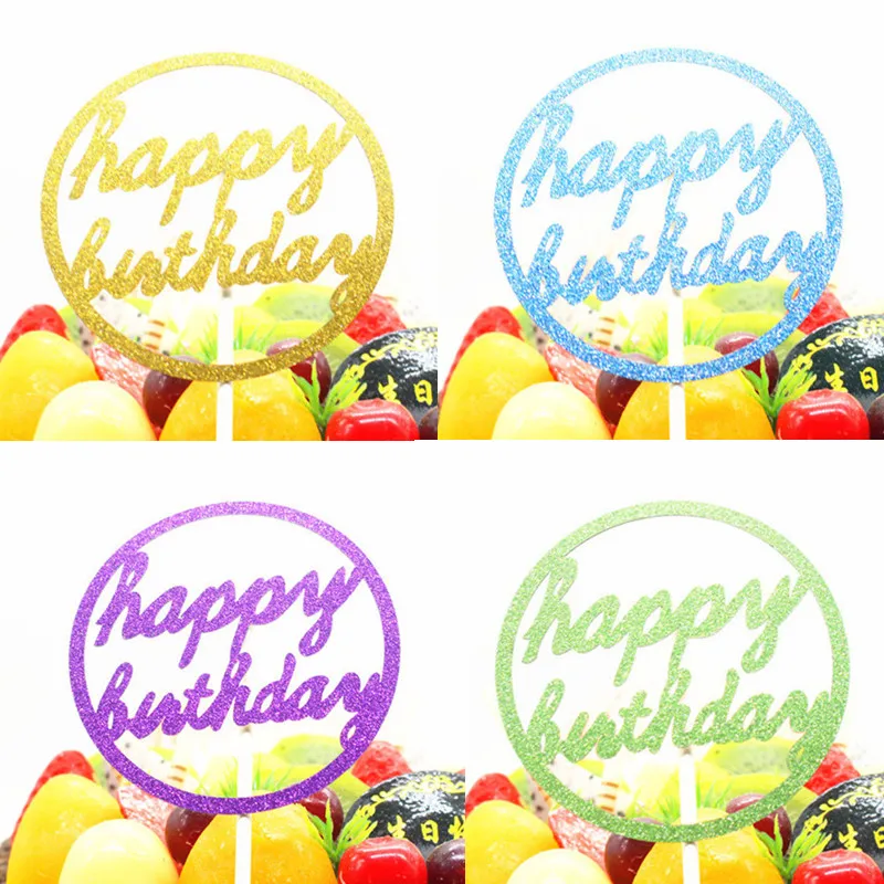 

1pc Round Happy Birthday Cake Topper Glittler Geometric Cake Flags Special Birthday Party Cake Baking Decor Cupcake Flags