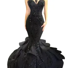 Черные длинные платья для выпускного вечера, сексуальные длинные платья для выпускного вечера, кружевные платья с бусинами, платья с рюшами, шлейфом, открытой спиной, Дубай, арабское вечернее платье