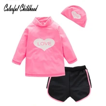 Sweet heart printing Baby swimsuit long sleeve shirt+short+hat 3pc sets Toddler girls bathing suit kids beach clothes