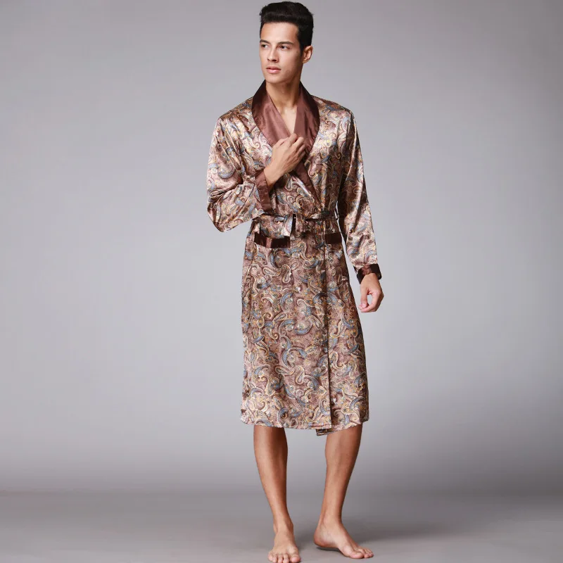 Для мужчин шелковый атлас халат с длинным рукавом шелковой пижаме Для мужчин шелковой ночной рубашке пижамы кимоно домашний халат