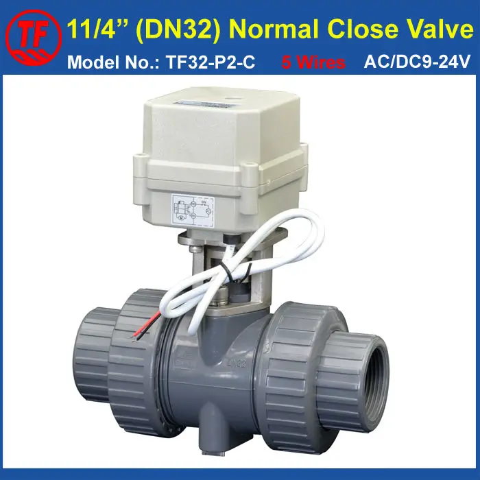 

TF32-P2-C 12V, 24V 5 Wires BSP/NPT 11/4'' 2 Way UPVC DN32 Normal Close Valve With Signal Feedback 10NM On/Off 15 Sec Metal Gear