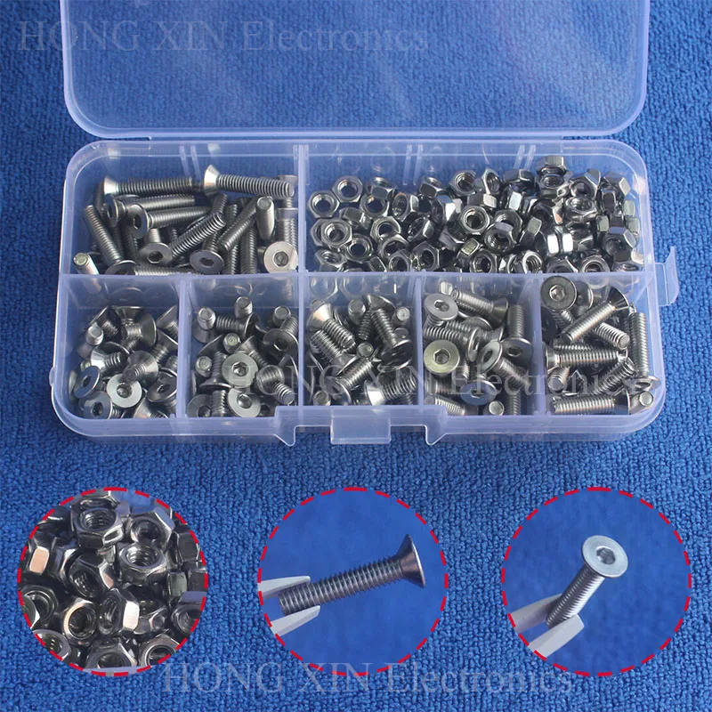 

250pcs M4 Wood Screws Nuts Set Stainless Steel Bolts Hex Socket Screws With Nuts Assortment Kit Woodworking Tools Flat Head