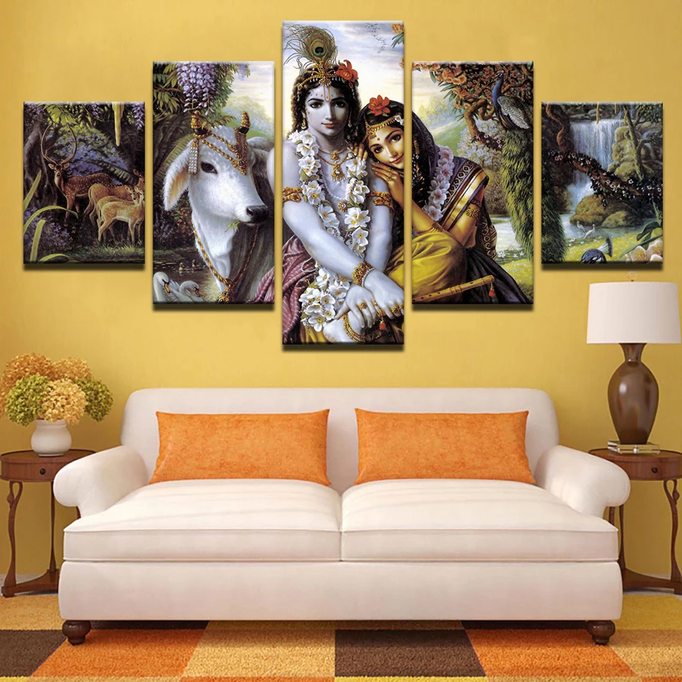Canvas HD Prints Living Room Pictures Frame 5 Pieces India Myth Krishna