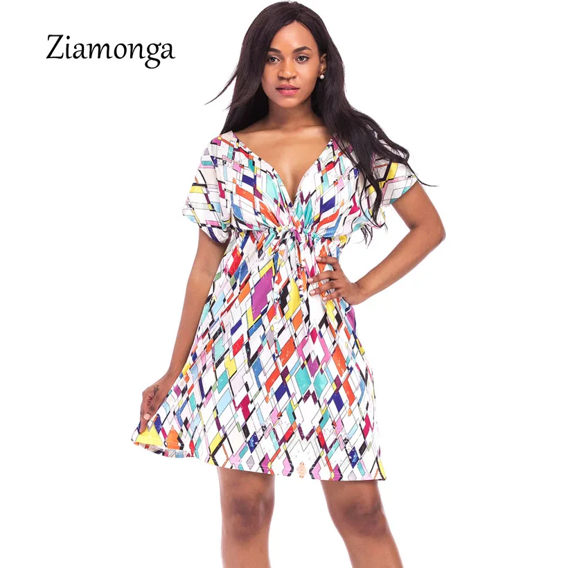 Ziamonga Women Summer Dress Sexy Deep V Neck Cap Short