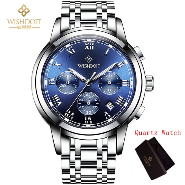 Топ люксовый бренд WISHDOIT новые мужские часы серебристо-синие механические часы полностью стальные водонепроницаемые спортивные часы Relogio Masculino - Цвет: Silver Blue quartz