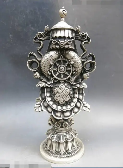 

free 10" China silver Feng Shui buddhism good luck eight treasures sculpture Statue fast