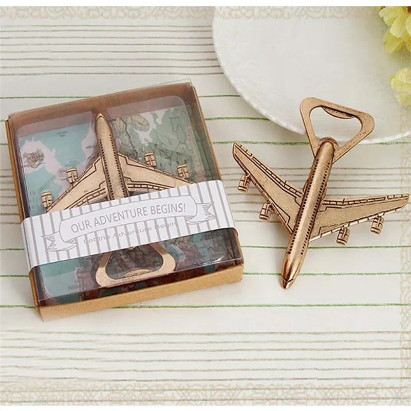 

60 pcs/lot "Let the Adventure Begin" Airplane Bottle Opener Wedding Party Gift Favors Bar Beer Wine Kitchen Tools Free Shipping