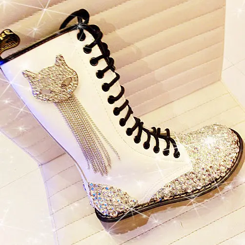 Free shipping Round toe genuine leather handmade rhinestone gem tassel cow muscle boots high women’s belt martin boots