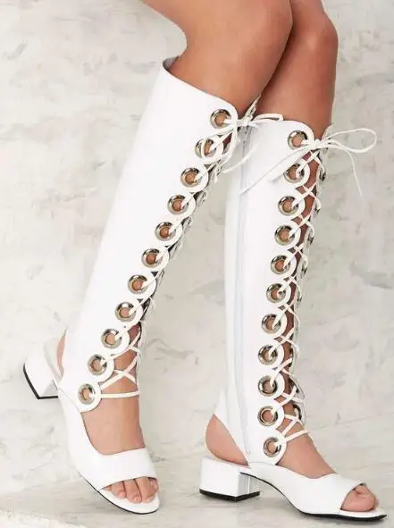 

Carpaton Summer Ladies white knee-high long boots fashion metal buttonhole front lace-up cross straps mid heel shoes