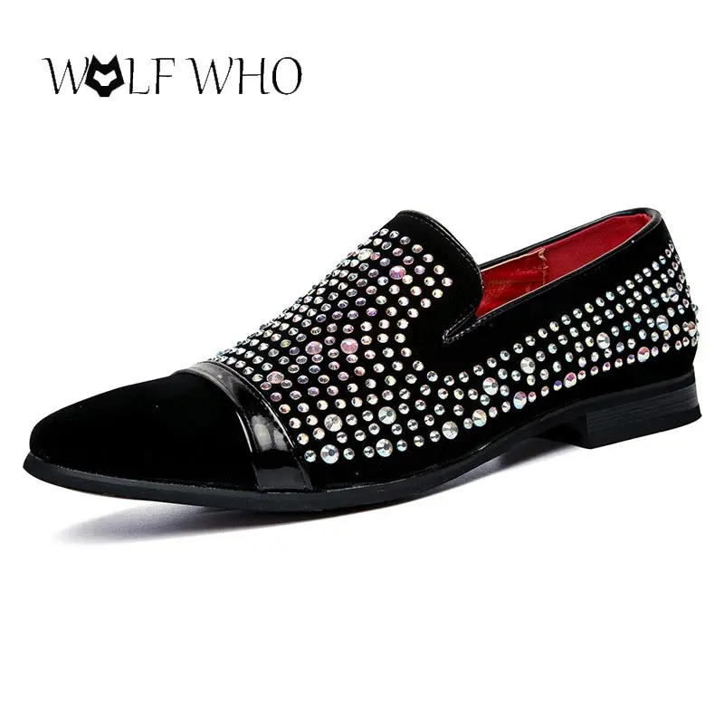 

WolfWho Sequins Gold Rhinestone Branded Shoes Men Luxury Loafers Men wedding Shoes British Style Summer Shoes Zapatillas Hombre
