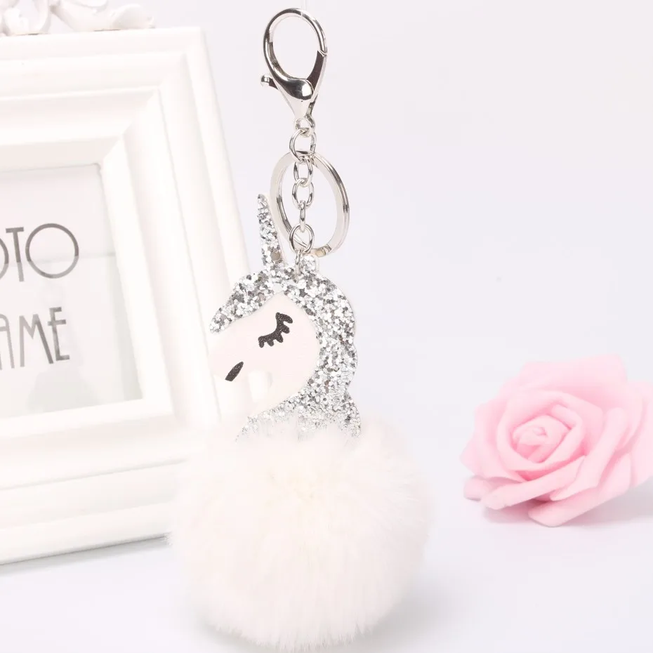 DROPSHIPPING Unicorn pompom Pendant Toy Rabbit fur ball Fluffy licorne Bag Car keyring for Girls Birthday Christmas Gift