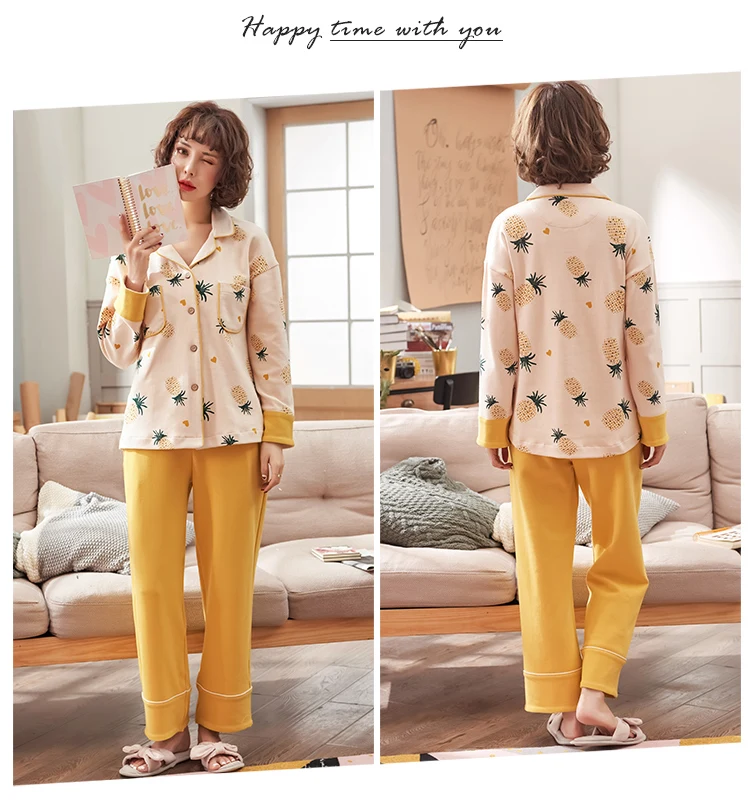Весна 10 цветов хлопок длинные пижамы набор для женщин милые фрукты печати M-3XL большой размер ночные рубашки мягкая домашняя одежда для сна женское белье