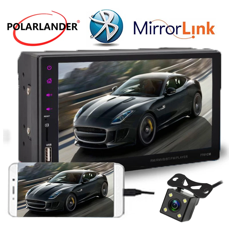 Beli 7 Inci Audio Cermin Link untuk Android 9 Bahasa 2 DIN Touch Layar Mobil Radio Player dengan Rear View Kamera dukungan Bt FM TF USB