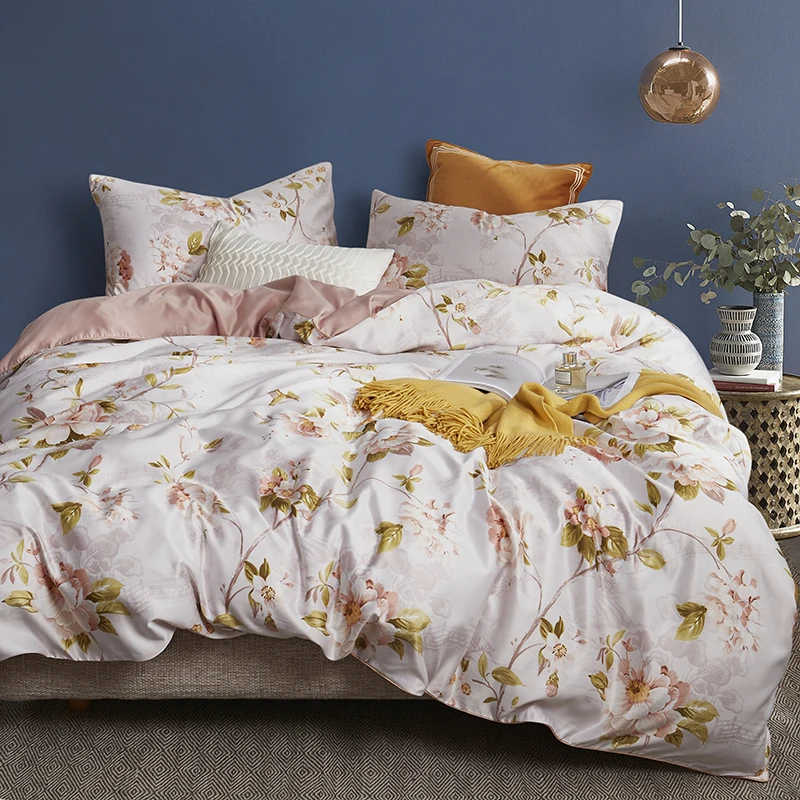 

2019 New High Quality 100% Silk Duvet Cover Set Bed Sheet Pillowcase 4Pcs Plant Flowers Queen/King Size Bedclothes Bedding Sets