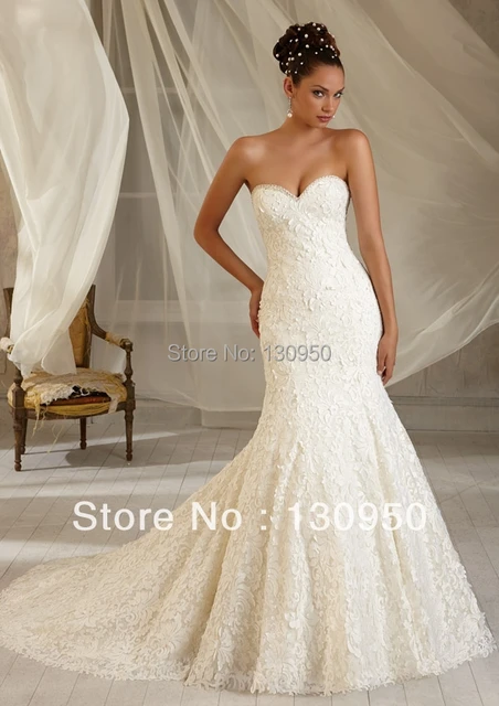 Style 1281 Laser Cut Satin Pattern Overlaying Chantilly Lace Style 1281 Laser Cut Satin Pattern Overlaying Chantilly Lace Fishtail Wedding Dress