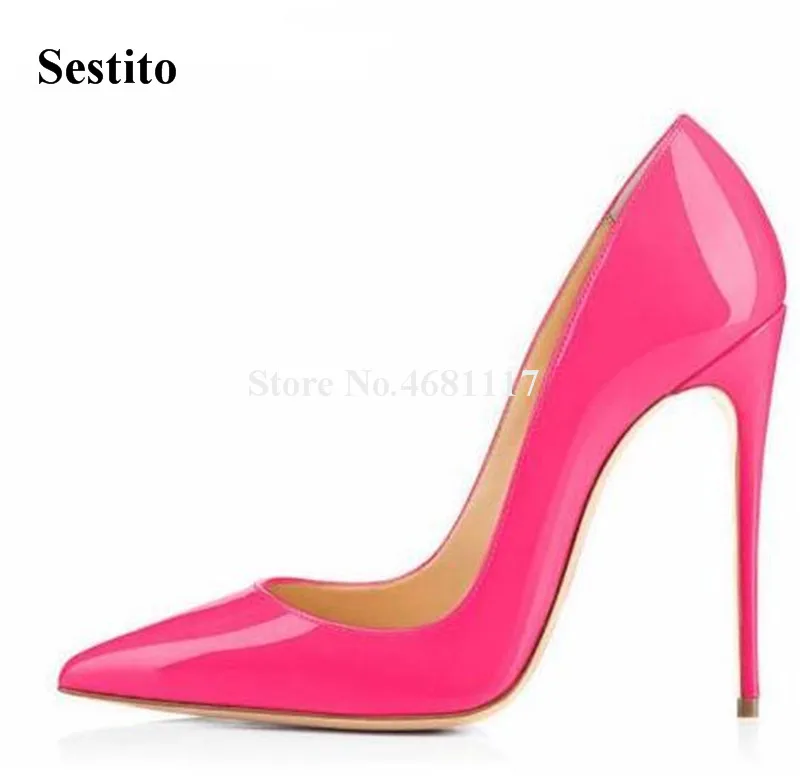 

Sestito Brand Women Pointed Toe Patent Leather Stiletto Heel Pumps 12cm Pink Red Slip-on High Heels Formal Dress Shoes