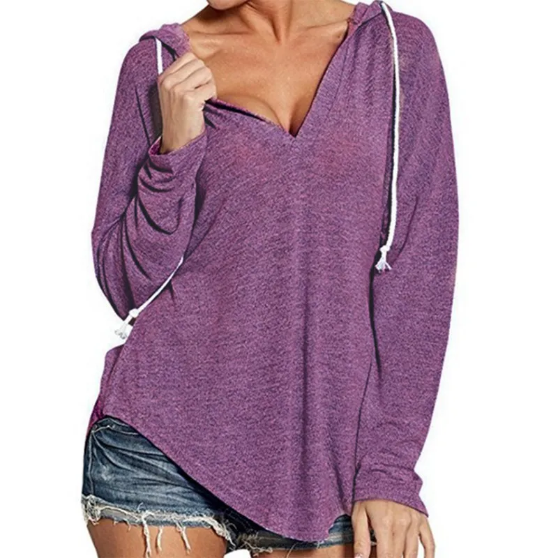 

Autumn Winter Women Hoodies Fashion V Neck Solid Color Sweatshirts Hooded Long Sleeve Coat Outwear Ladies Female Top Dropshippig