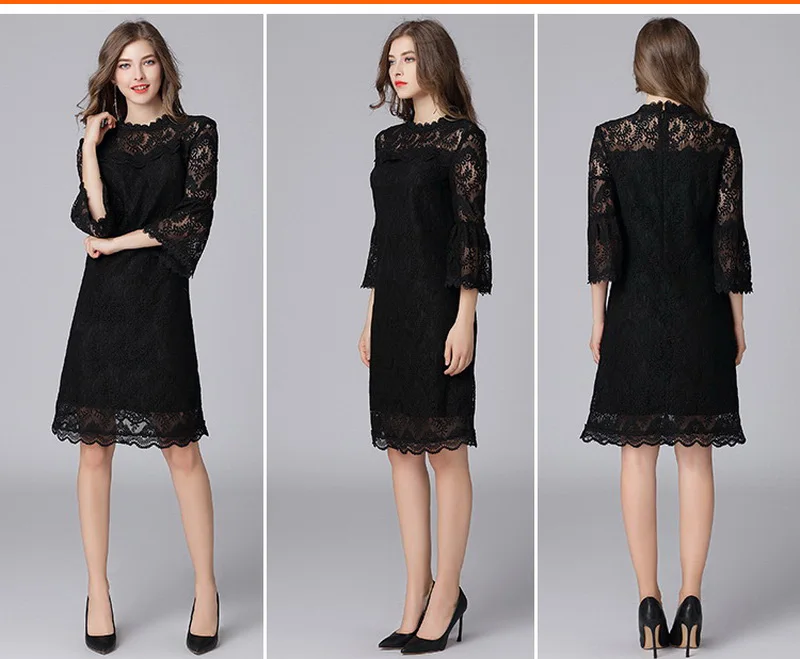 Hollow Out Lace 3/4 Flare Sleeve Elegant Dress