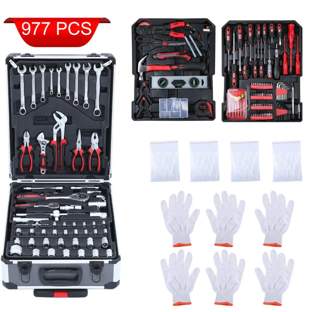 

977 Pcs/Set Professional Steel Socket Wrench Car Repair Tools Set Home Bike Repair Hand Tool Kit With Aluminum Alloy Luggage Box