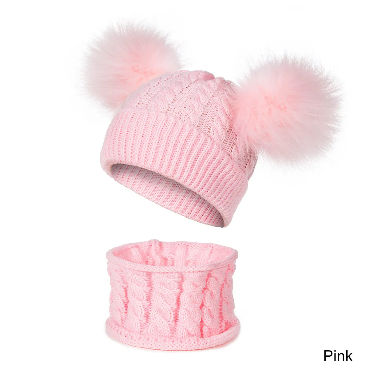 New Arrival Children Winter Thicken Braided Knitted Hat Scarf Set Solid Color Cute Fluffy Pompom Ball Beanies Scarf Set