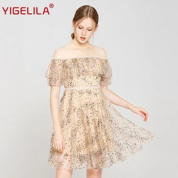 

YIGELILA Fashion Women Sequined Party Dress Autumn Mesh Stand Neck Butterfly Sleeve Ruffles Empire Slim Knee Length Dress 64273