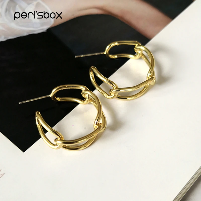 Peri'sbox 22mm Gold Cuban Chain Hoop Earrings Female Medium Size Bohemian Tribal Statement Aros Dorados Pendiente | Украшения и