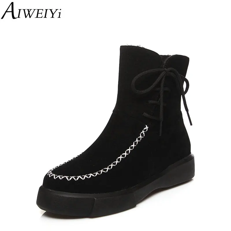 

AIWEIYi Women Ankle Boots Thick Heel Flat Heel Round Toe Spring Autumn Lace Up Flock Ladies Motorcycle Boots Fur Snow Boots
