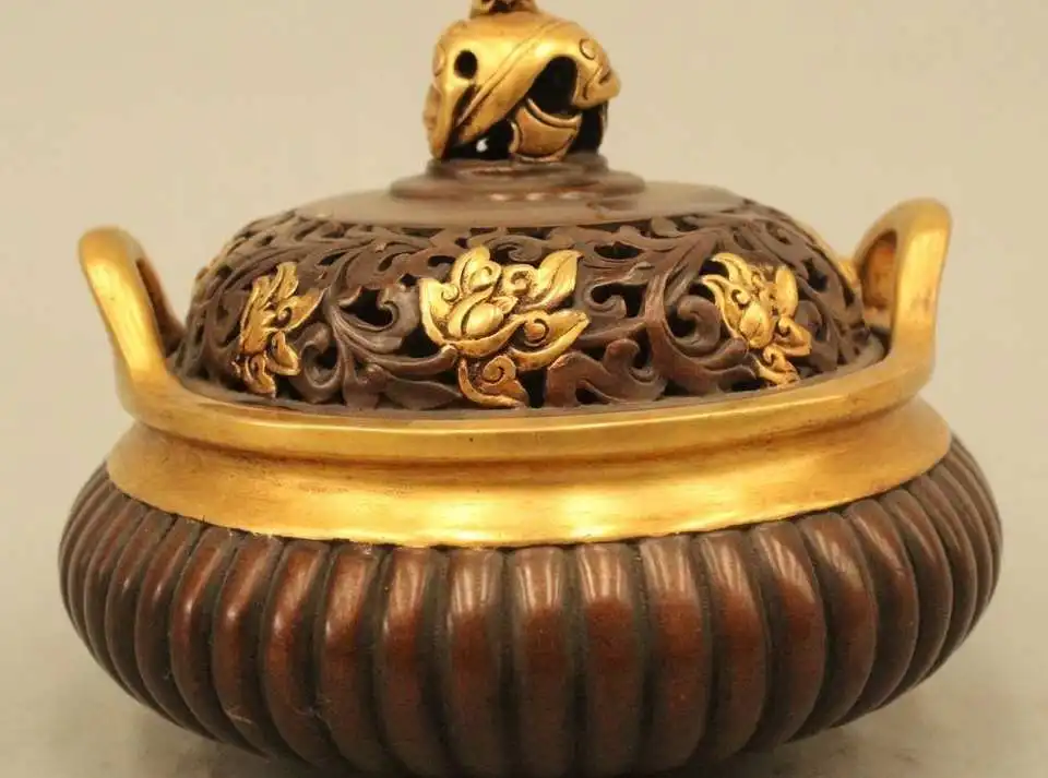 

4"Marked China Dynasty Palace Bronze 24k Gold Dragon beast Incense Burner Censer