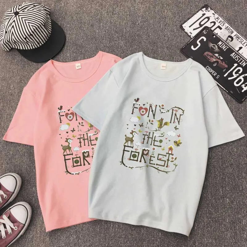 

S-3XL Forest Printed Spandex Soft feeling T Shirt Women Shirts O Neck Short Sleeve Summer T-Shirt Tops Casual Pink TShirt