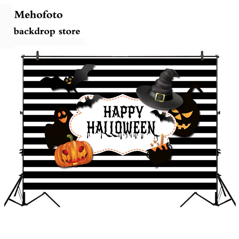 

Mehofoto Halloween Photography Backdrop Sorcerer Vampire Bat Pumpkin Demon Background for Photo Studio Black and White Stripe 11