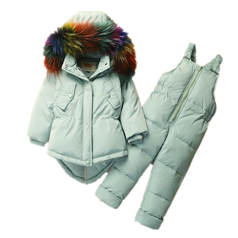 

Winter Baby Girl Clothing Set 1-4 Years Kids Raccoon Fur Hooded Down Jacket Overalls Warm Children Outerwear+Jumpsuit Toddler