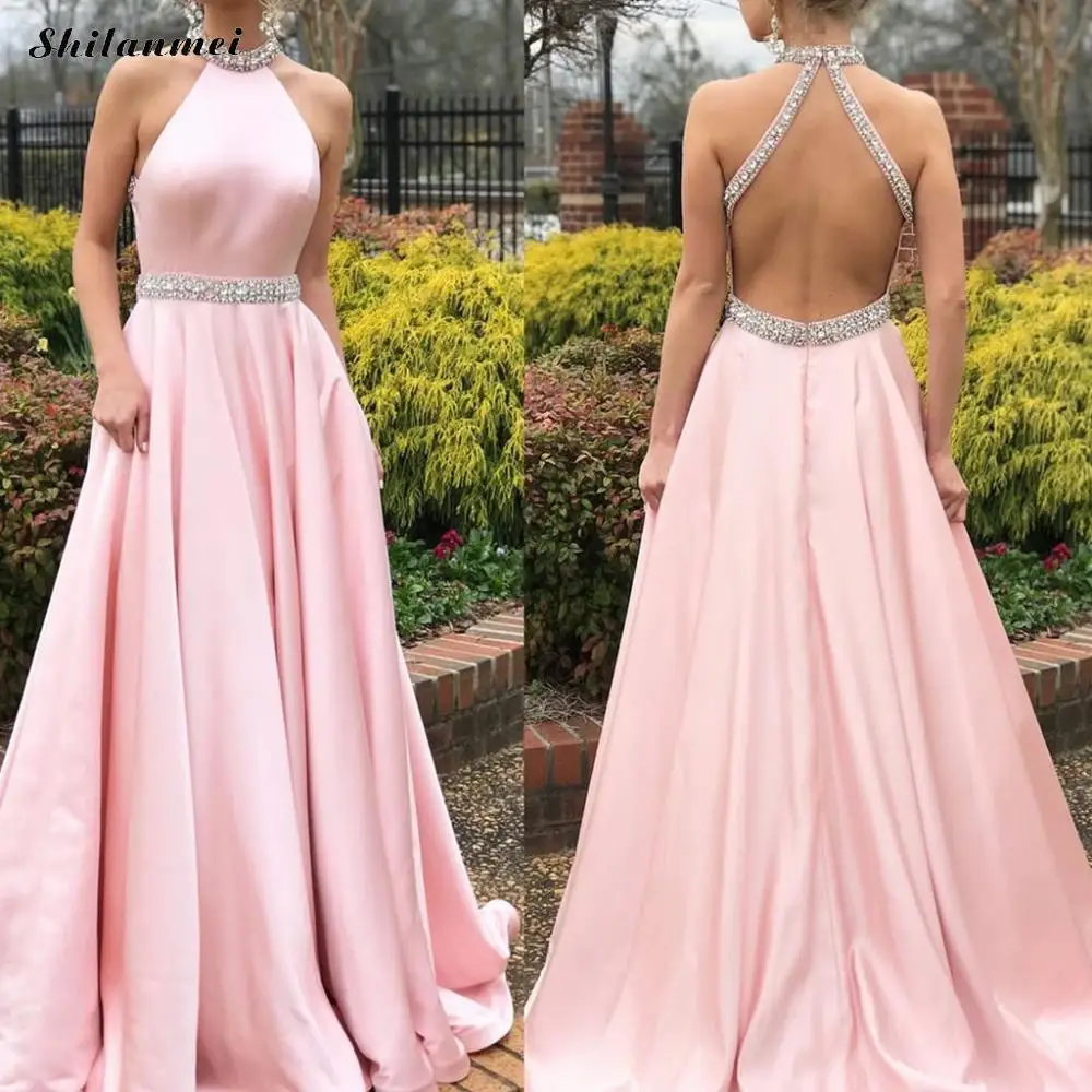 

Women Pink Halter Evening Party Dress Summer Sexy Off Shoulder Backless Maxi Dress De Festa Prom Club Sleeveless Formal Gown