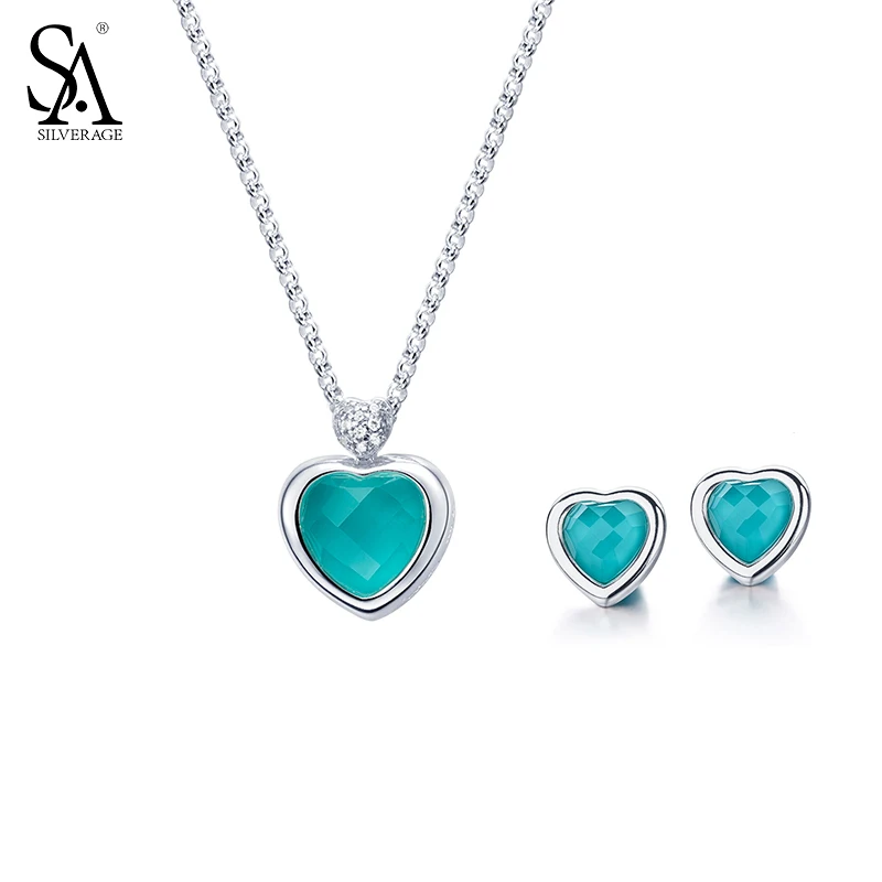SA SILVERAGE Silver 925 Jewelry Set Turquoise Stone Heart Necklace And Earrings Set Sterling Silver Jewelry For Women Party Gift SA SILVERAGE Silver 925 Jewelry Set Turquoise Stone Heart Necklace And Earrings Set Sterling Silver Jewelry For Women Party Gift