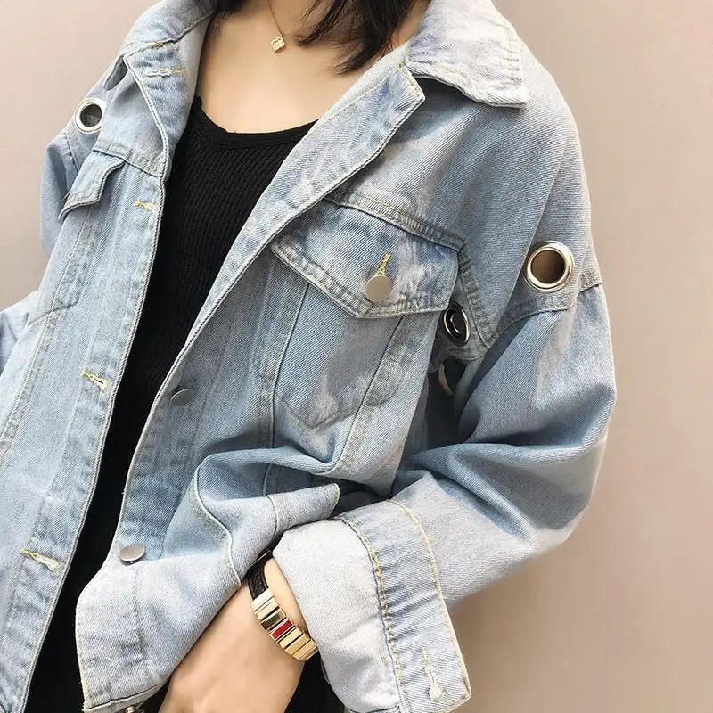 Billige Porträt Druck Frauen Jeans Jacke Mit Öse 2019 Mode Sommer Streetwear Denim Sicken Mantel Lose Vintage Outwear