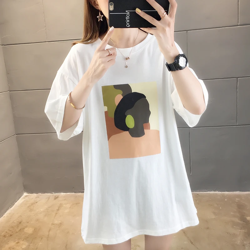 Винтажная Базовая футболка Харадзюку, летняя новая свободная повседневная полосатая простая длинная футболка с коротким рукавом, большие размеры, женские футболки - Цвет: Xian 527 bai