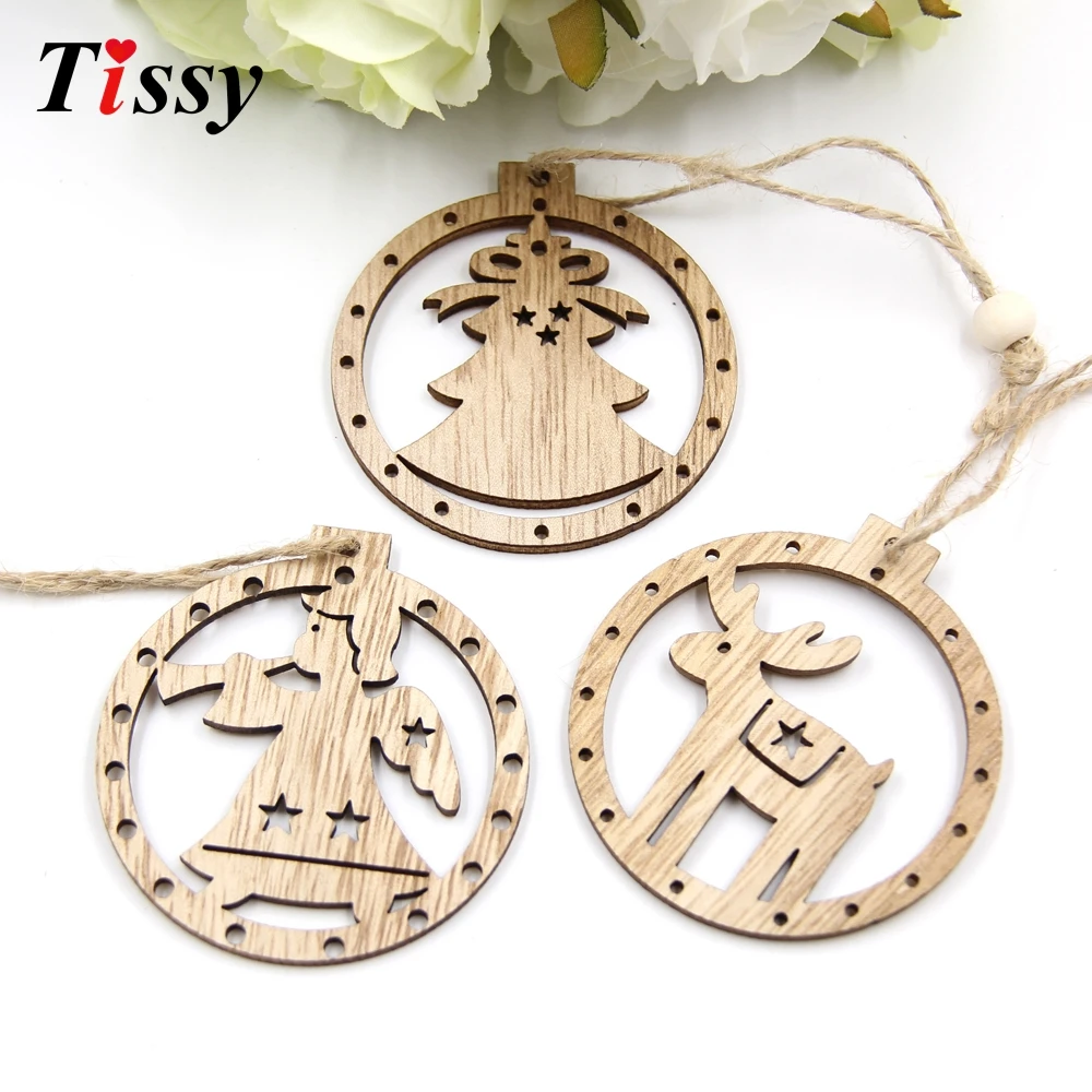 12PCS Vintage Christmas Snowman&Angle Wooden Pendants Ornaments DIY Xmas Tree Ornaments Christmas Party Decoration Kids Gift in Pendant & Drop Ornaments