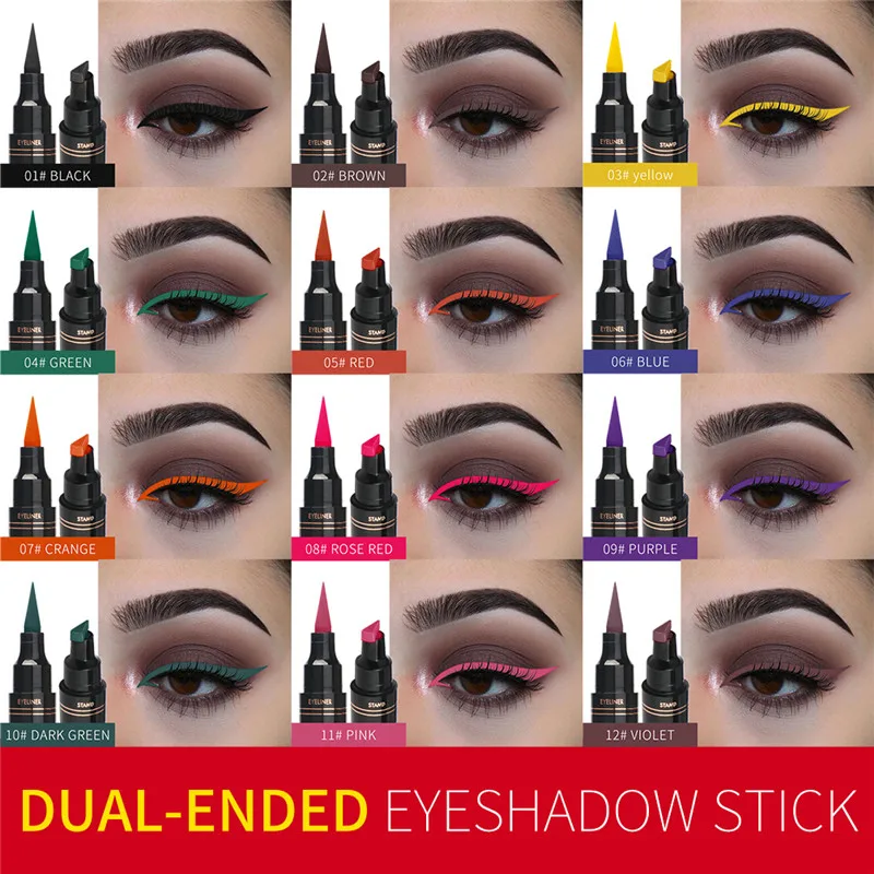 12 Colors Double-Headed Seal Black Eyeliner Triangle Seal Eyeliner 2 in 1 Waterproof Eyes Makeup Eye