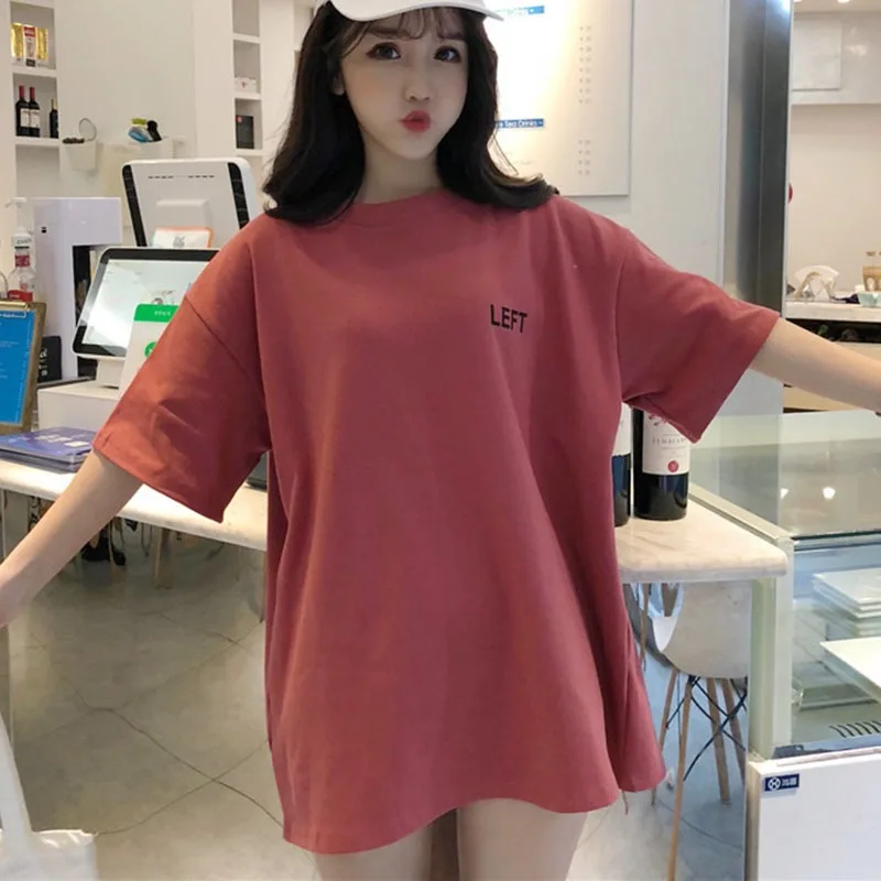 

Cotton Harajuku LEFT Letter Print Women Tshirt Casual Loose tshirt For Lady Top Tee O-Neck Half Sleeve Korean Long T Shirt Tops