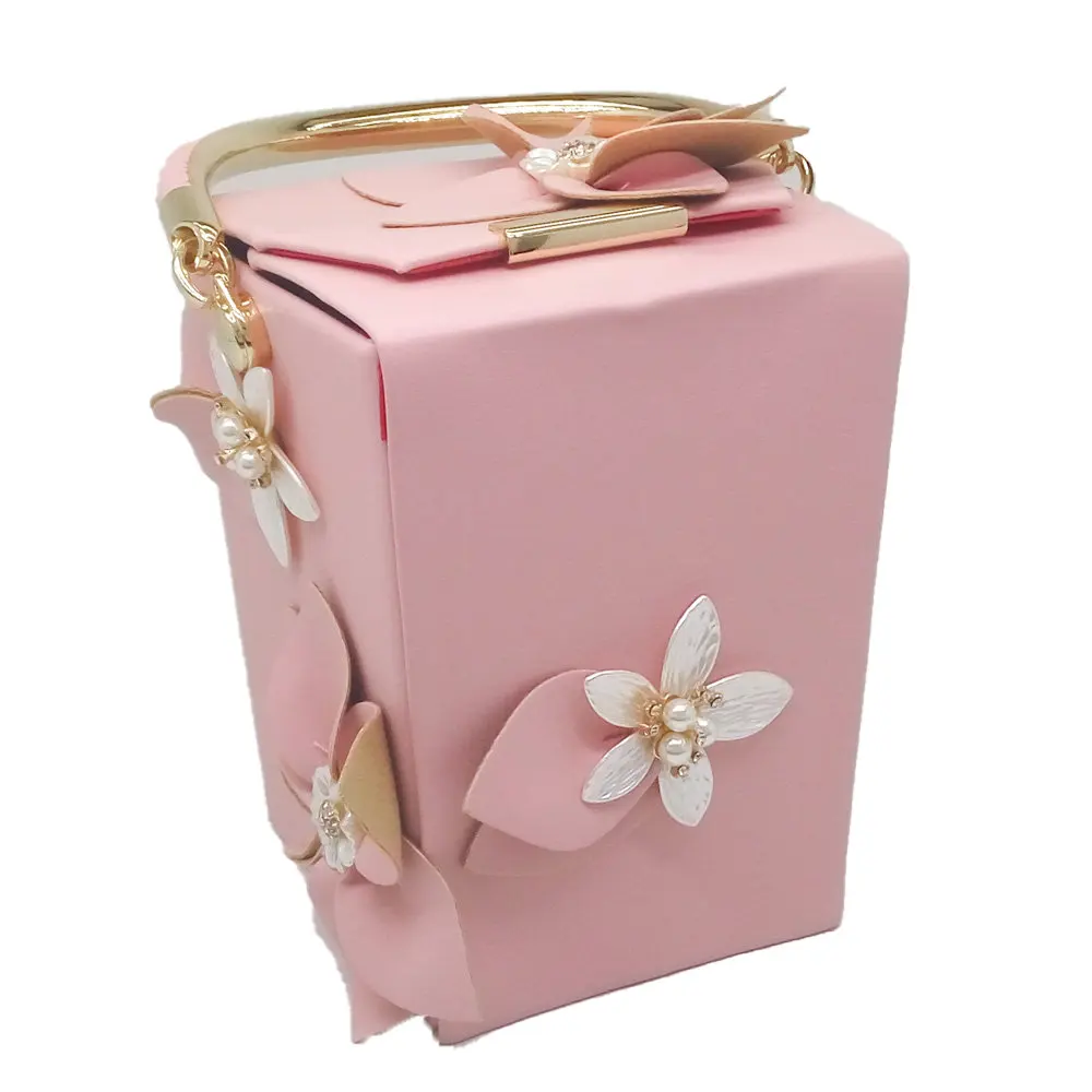 Boutique De FGG Unique Design Gift Box Shape Women Flower Clutch Evening Tote Bag Floral Beaded Wedding Handbag Purse Ladies Bag