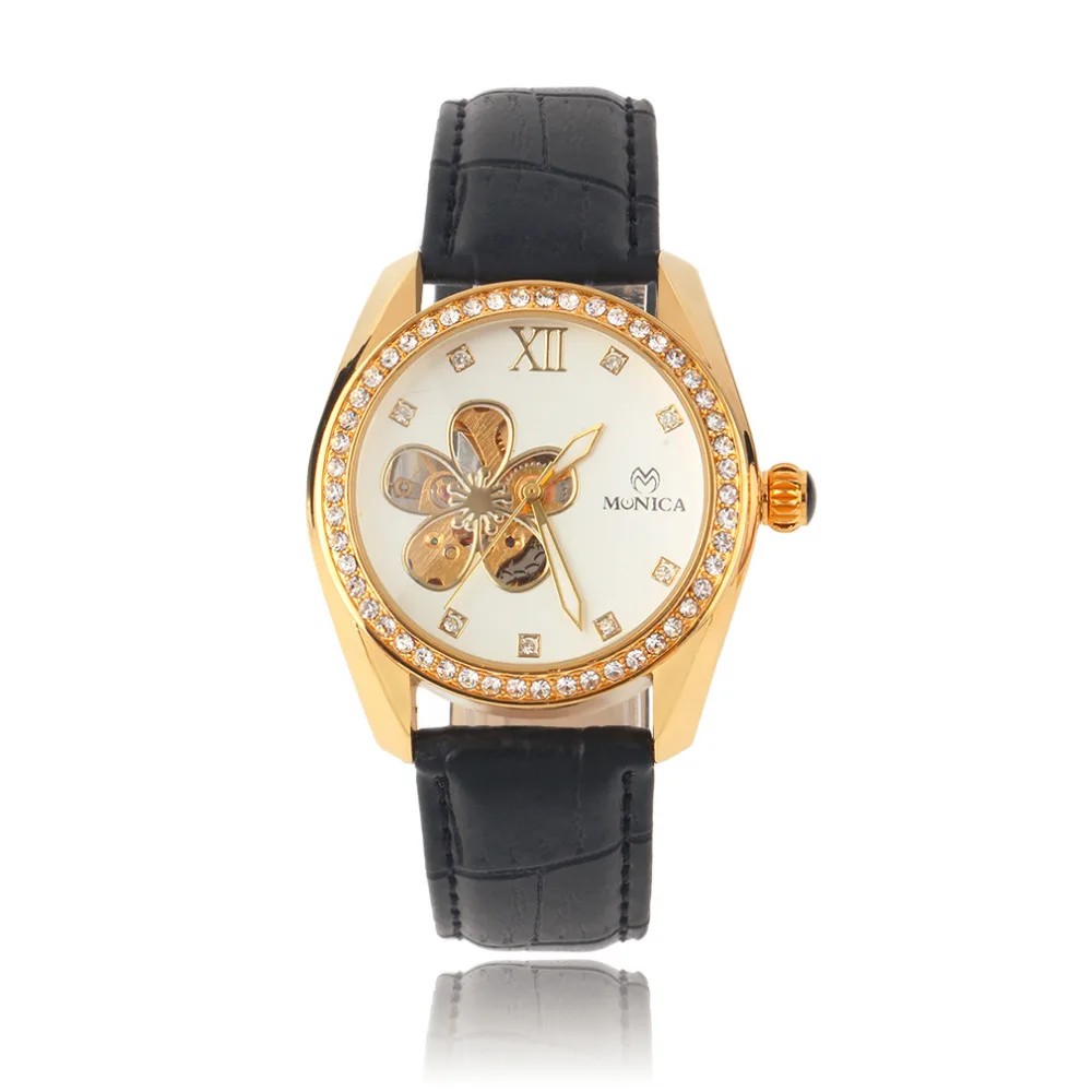 OUTAD Fashion Quartz Watch Pentalobe Hollow Flower Pattern Crystal Analog Round Dial relogio feminino wrist watch