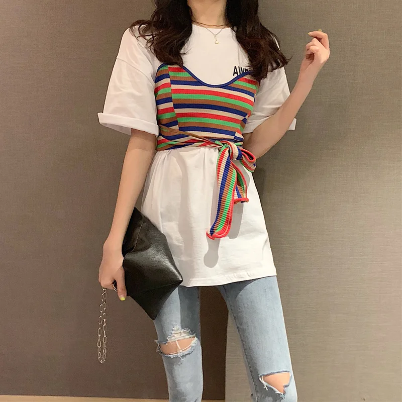 الصيف المرأة قصيرة الأكمام طويلة تي شيرت + قوس قزح مخطط الرافعة تي شيرت جديد فضفاض تيز قميص الإناث الأزياء المد شيك الهيب هوب الصيف المرأة قصيرة الأكمام طويلة تي شيرت + قوس قزح مخطط الرافعة تي شيرت جديد فضفاض تيز قميص الإناث الأزياء المد شيك الهيب هوب