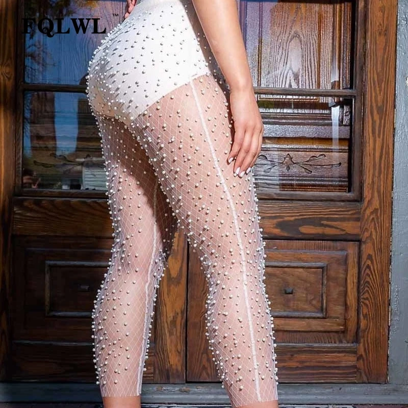 

FQLWL See-through Beading Mesh Bodycon White Pants Leggings High Waist Summer Trousers Women Pants Casual Stretch Pencil Pants