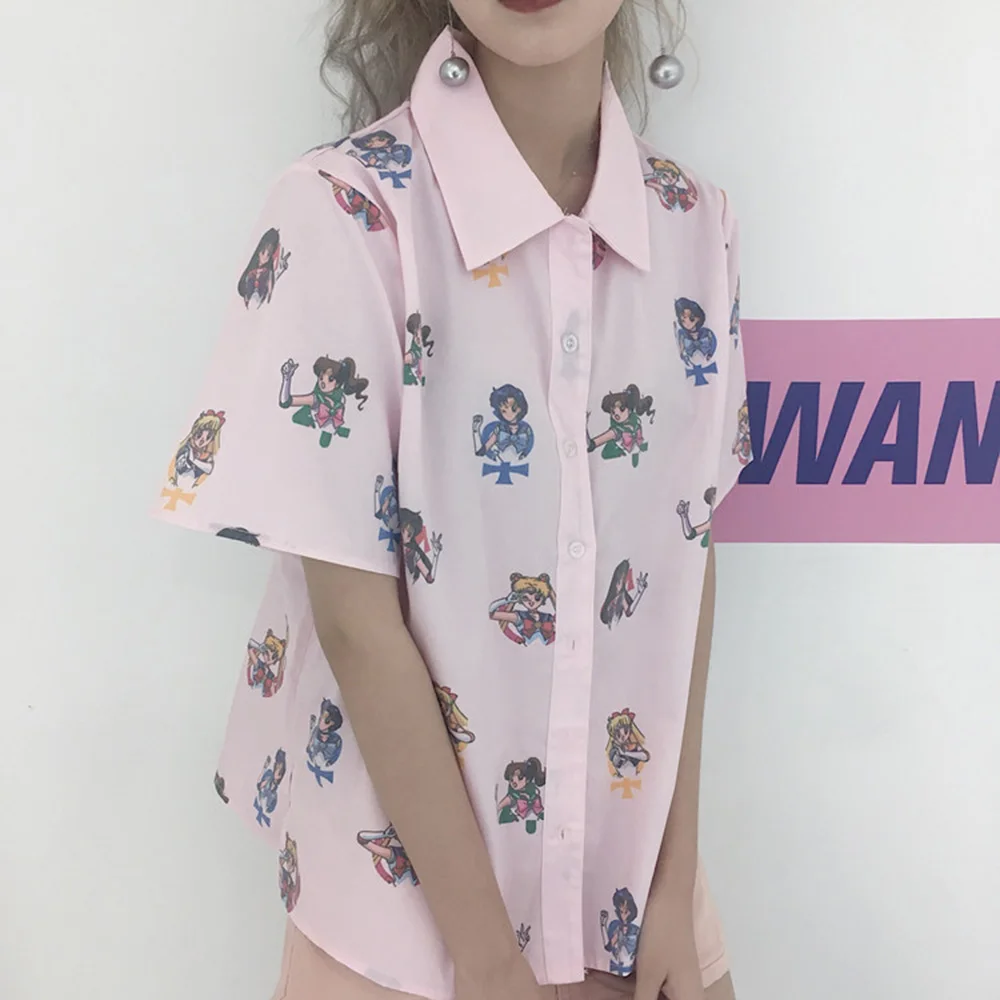 

Sailor Moon Pink Short Sleeve Shirts Harajuku T Shirt Women Clothes 2019 Cosplay Cute Kawaii Tops Turn Collar Cartoon Tshirt