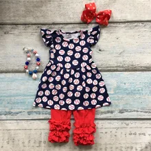 Summer design baby girls baseball print season style boutique navy red ruffles cotton capri outfit clothes matching accessories